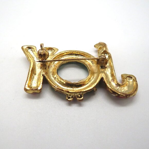 Joy Christmas Brooch 2" Gold Tone Pin Candy Cane Wreath Spellout Design New - Picture 11 of 13
